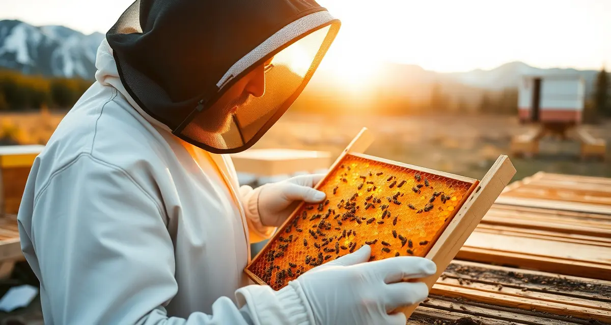 Alaska beekeeper inspecting honeycomb for varroa mites during short summer treatment window with mountains in background
