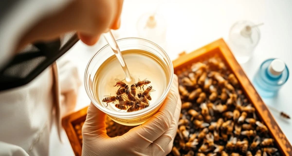 Beekeeper demonstrating alcohol wash varroa mite monitoring technique with honeybees in clear container and alcohol solution