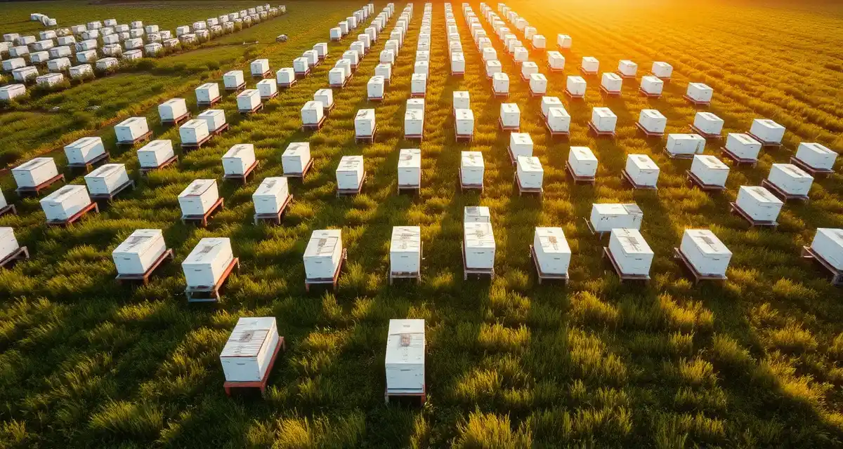 Organized apiary layout showing multiple bee hives spaced to reduce varroa mite drift between colonies during treatment season