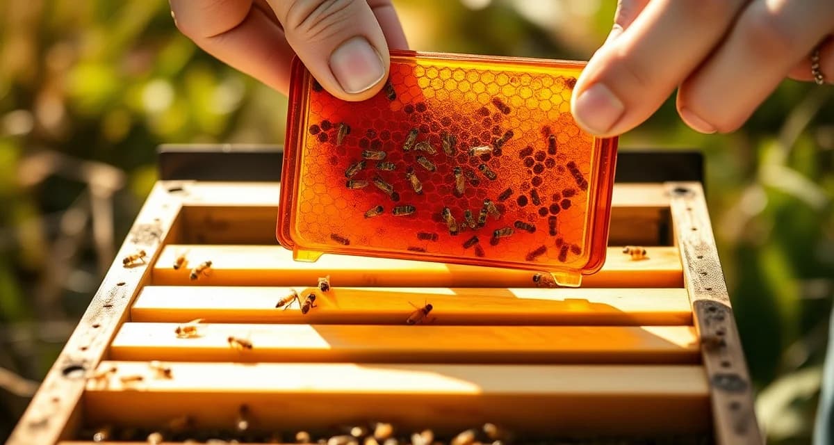 Apiguard thymol gel tray being properly inserted into a beehive frame for varroa mite treatment