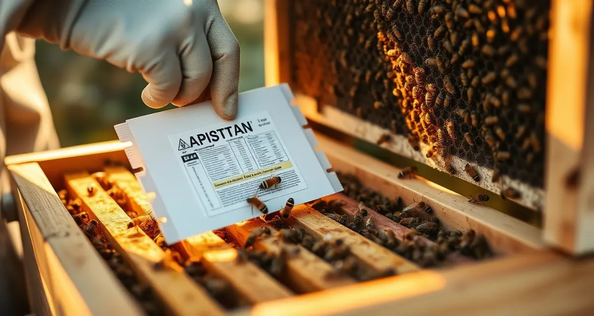 Beekeeper removing Apistan varroa treatment strips from honey super frame before harvest interval period