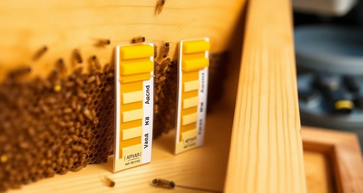 Apivar varroa mite treatment strips correctly placed on beehive frames with proper spacing and application technique for effective hive management.
