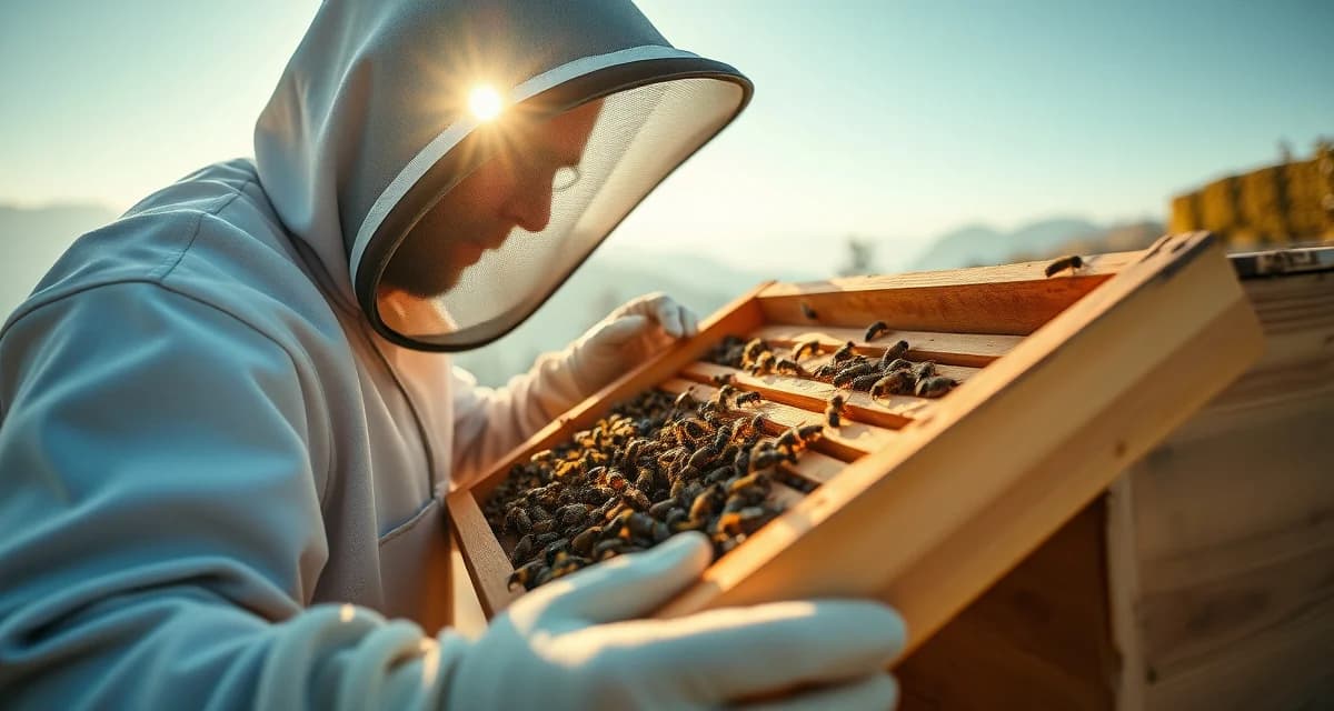 Beekeeper inspecting honeycomb frame for varroa mites in Appalachian mountain region beekeeping operation