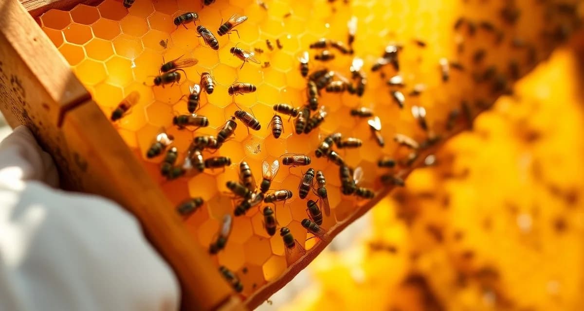 Beekeeper inspecting honeycomb frame for varroa mites during April hive monitoring and treatment assessment