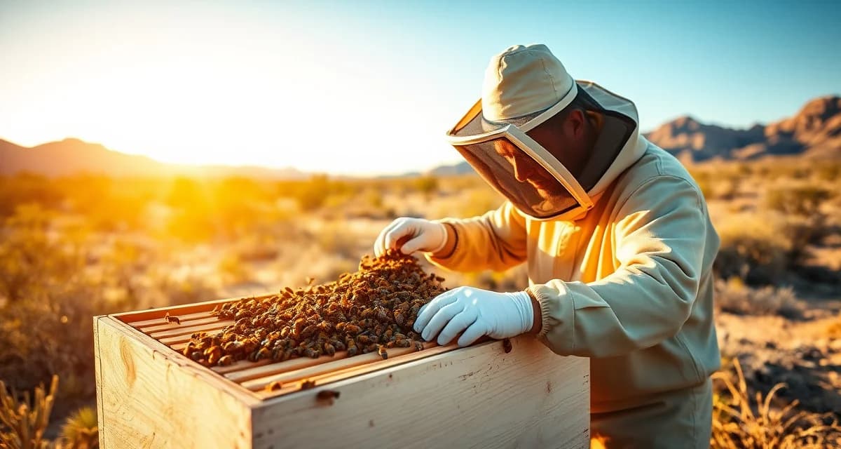 Arizona beekeeper using VarroaVault software to track varroa mites on hive frame in desert climate conditions