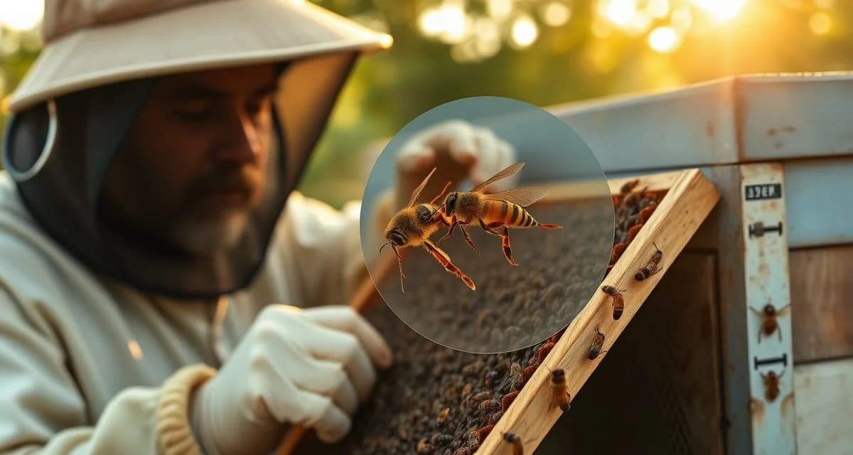 Beekeeper inspecting hive frame for varroa mites using digital tracking software in Arkansas humid climate conditions