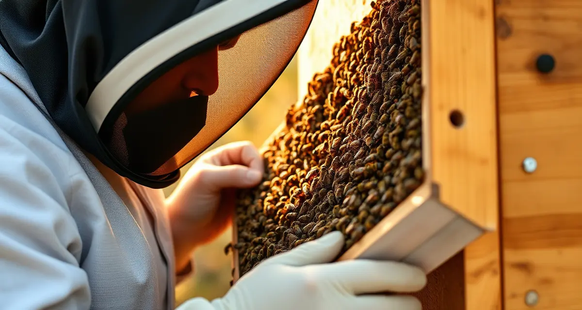 Beekeeper inspecting hive frame for varroa mites in backyard apiary setting with protective gear
