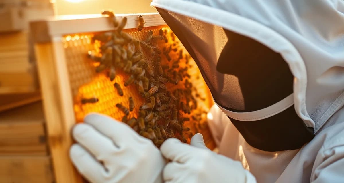Beekeeper examining honeycomb frame for varroa mite infestation during hive health inspection and management.