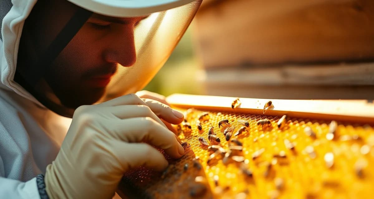 Beekeeper inspecting honeycomb frame for varroa mites during hands-on association training session with protective equipment