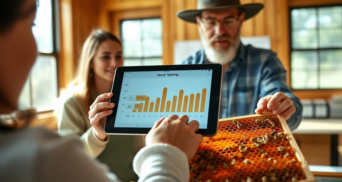 Beekeeping educator using VarroaVault software to teach varroa mite management concepts to students with real colony data tracking