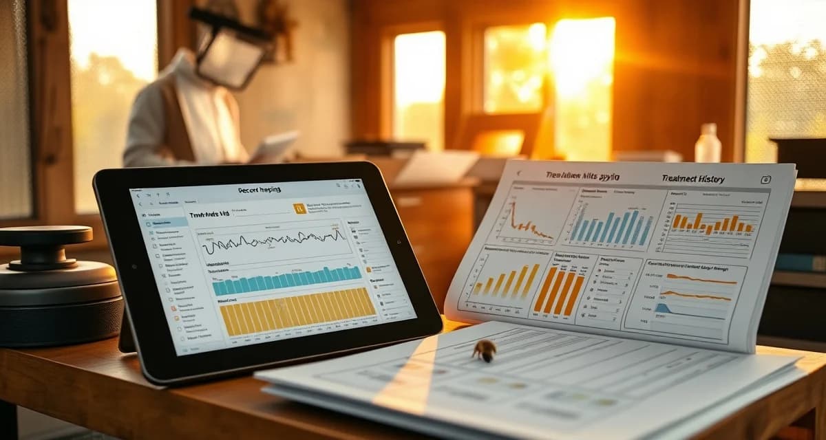 Organized beekeeping hive record-keeping system showing connected varroa mite data, treatment history, and colony health tracking on digital and paper logs
