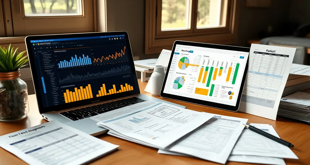 Beekeeping management software dashboard on laptop compared to traditional Excel spreadsheet for hive tracking and varroa mite monitoring