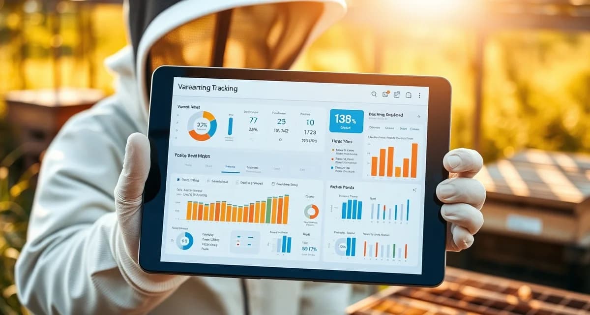 Beekeeper using digital hive management software on tablet to track varroa mite counts and colony health metrics in apiary