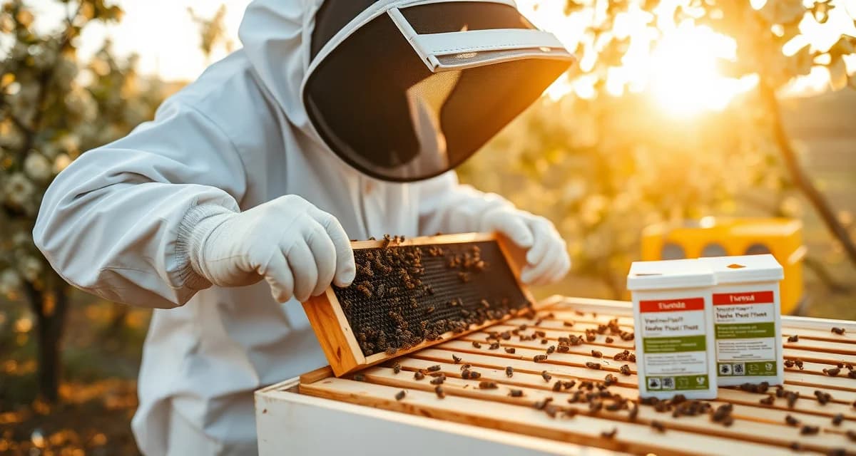 California beekeeper managing varroa mites in hive before almond pollination season with treatment tracking software