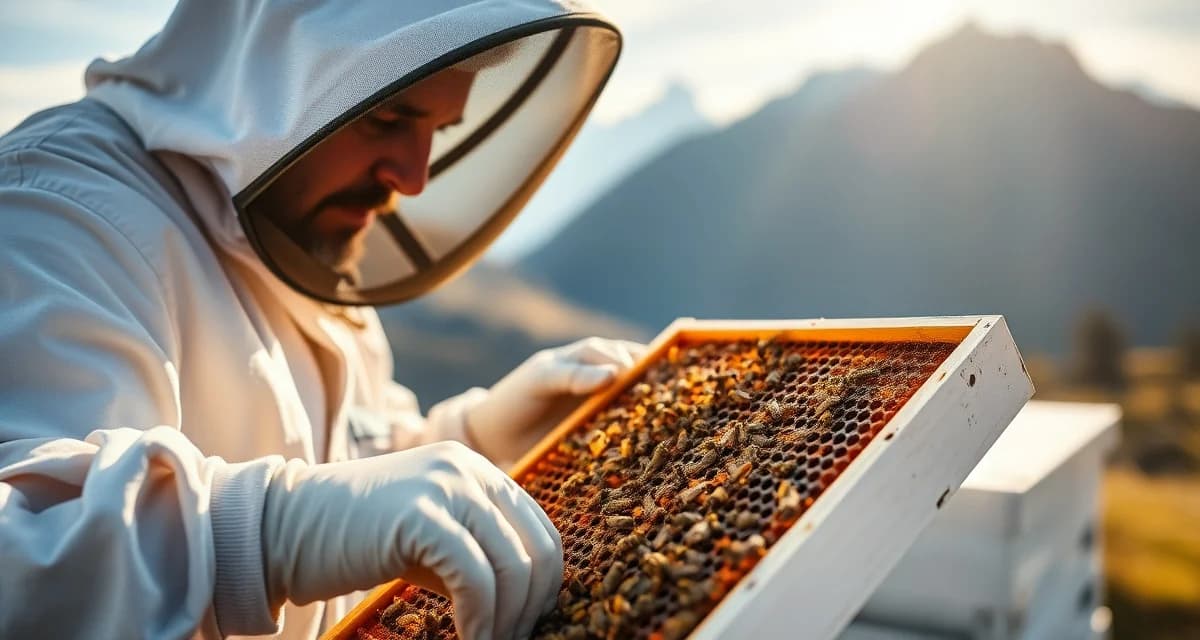 Colorado beekeeper managing varroa mites in high-altitude hive with mountain landscape in background