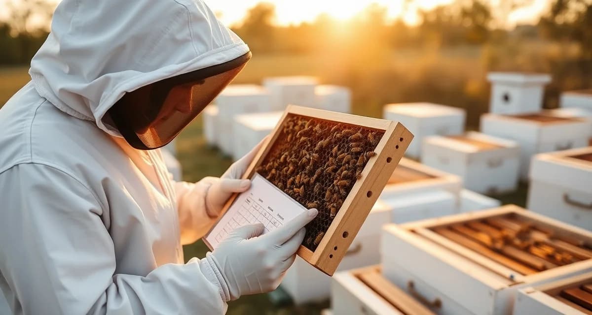 Commercial beekeeper documenting varroa mite treatment records on clipboard while inspecting honeycomb frame in organized apiary with multiple hives