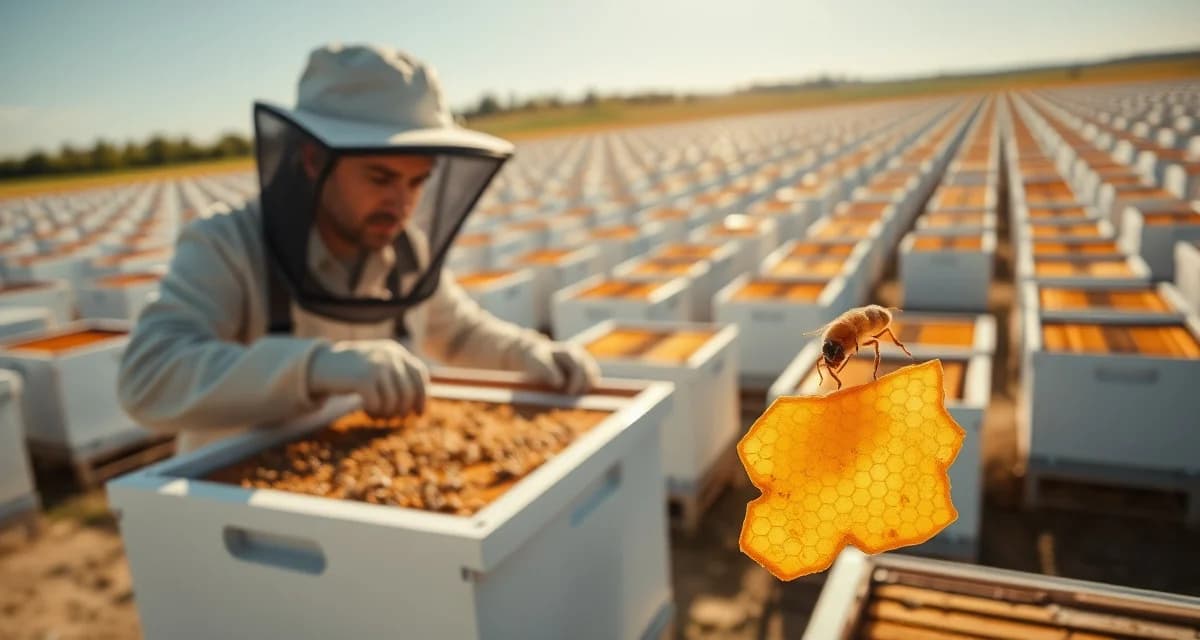 Commercial beekeeper managing varroa mites across large-scale apiary with hundreds of hives using systematic monitoring protocols