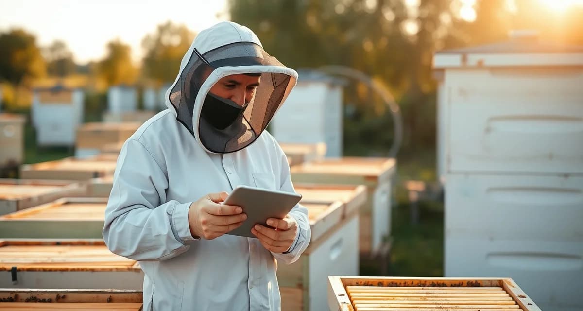 Commercial beekeeper documenting varroa mite treatment records on digital platform beside organized hive boxes