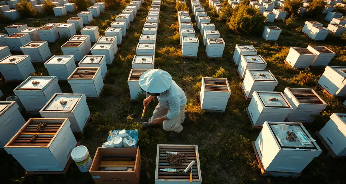 Commercial beekeeper managing varroa mites across multiple hive boxes in a large-scale apiary operation with monitoring equipment