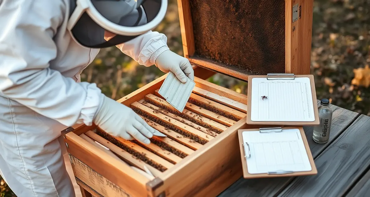 Beekeeper applying varroa mite treatment strips to honeycomb frames during commercial beekeeping treatment day procedures