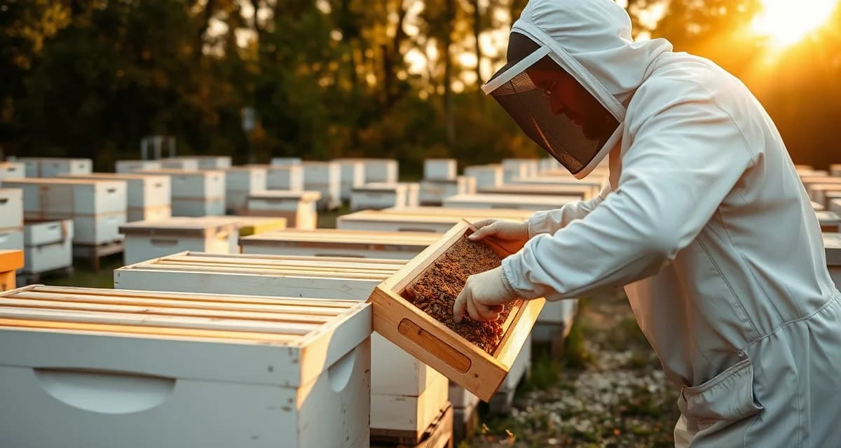 Commercial beekeeper performing varroa mite treatment on hive frame during fall preparation for winter survival