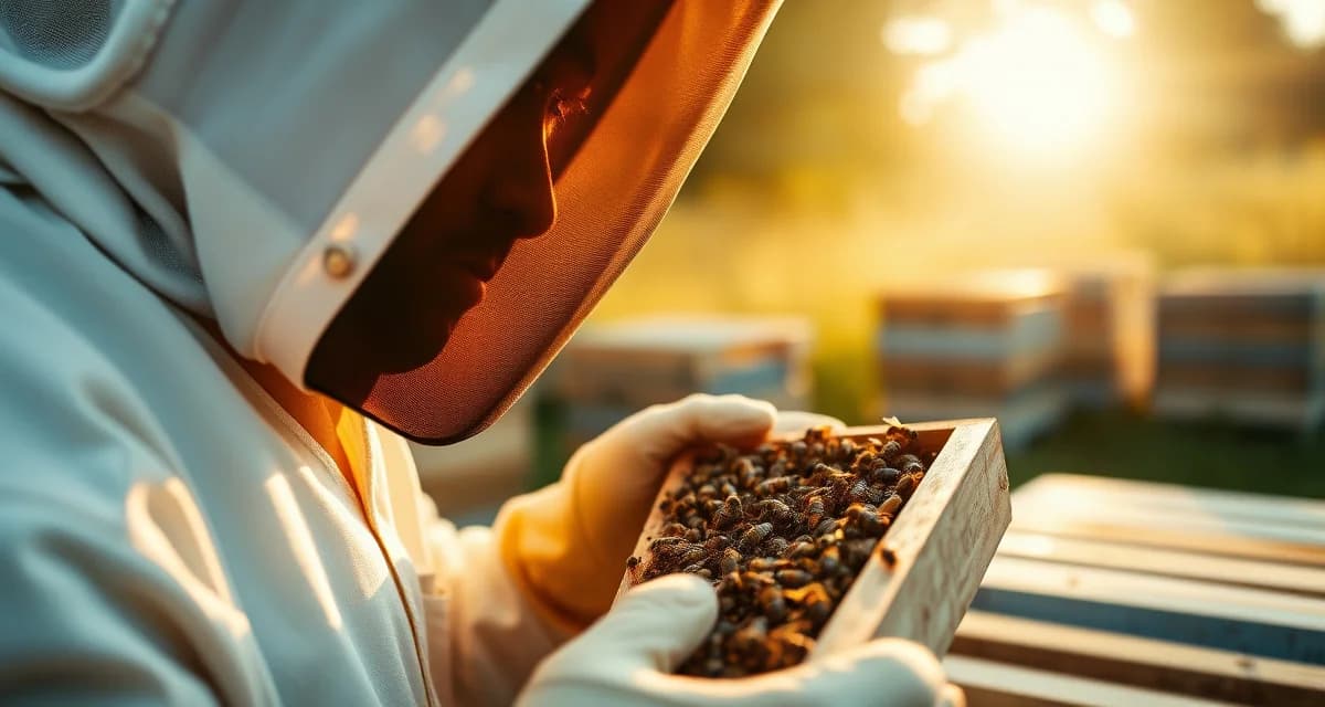 Connecticut beekeeper inspecting hive frame for varroa mites using digital beekeeping software management system