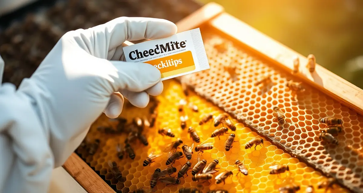 Beekeeper applying coumaphos CheckMite strip to honeycomb frame for varroa mite treatment in hive
