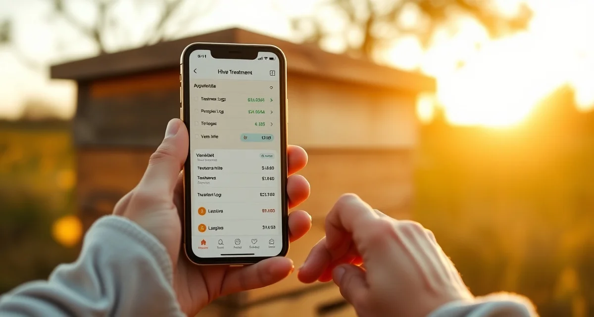Beekeeper using smartphone app to track digital hive treatments and varroa mite management records