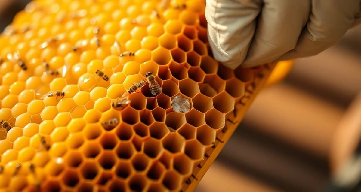 Beekeeper inspecting honeycomb frame with drone brood cells for varroa mite removal and tracking management