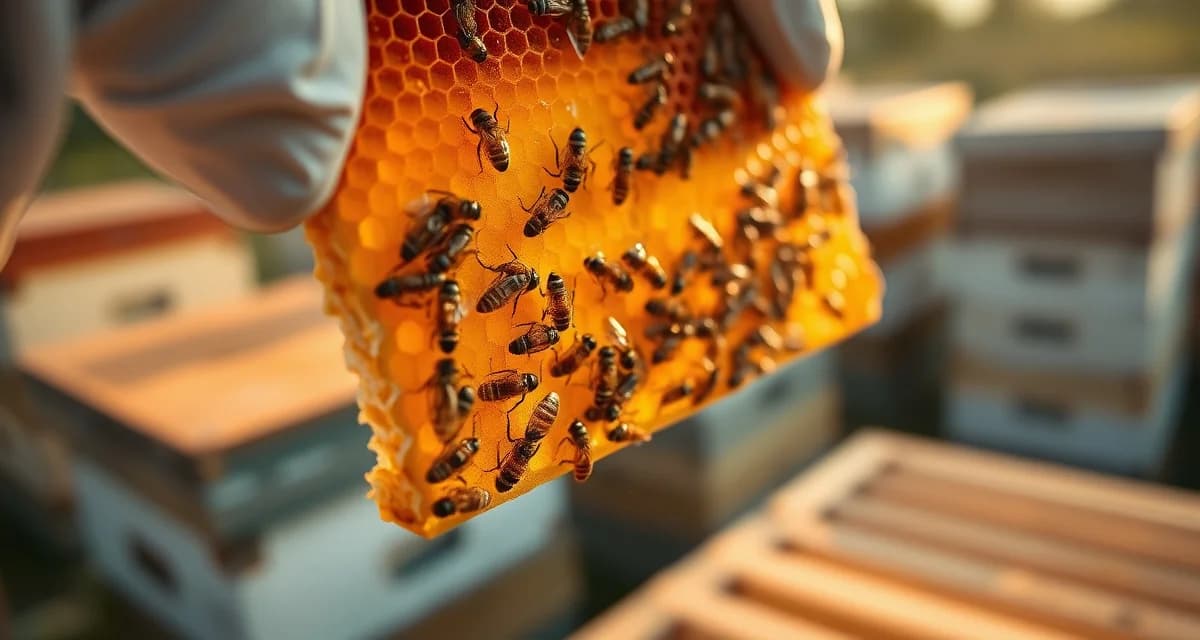 Close-up of honeycomb frame showing early varroa mite detection during hive inspection with visible mites on bee bodies