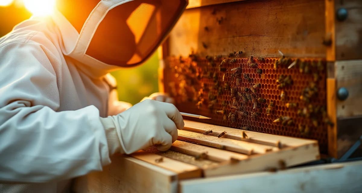 Beekeeper applying varroa mite treatment to honeycomb frame during fall hive management season