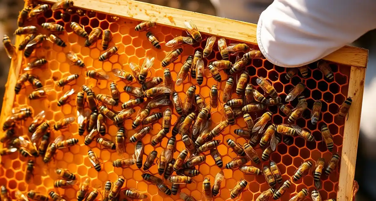 Beekeeper inspecting honeycomb frame for varroa mites during fall treatment season, critical hive management practice.