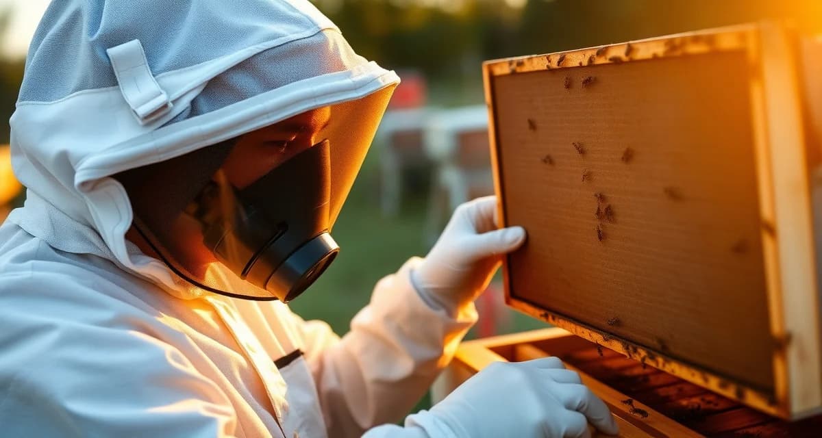 Beekeeper wearing full-face respirator and protective gloves applying formic acid treatment safely to hive equipment outdoors.