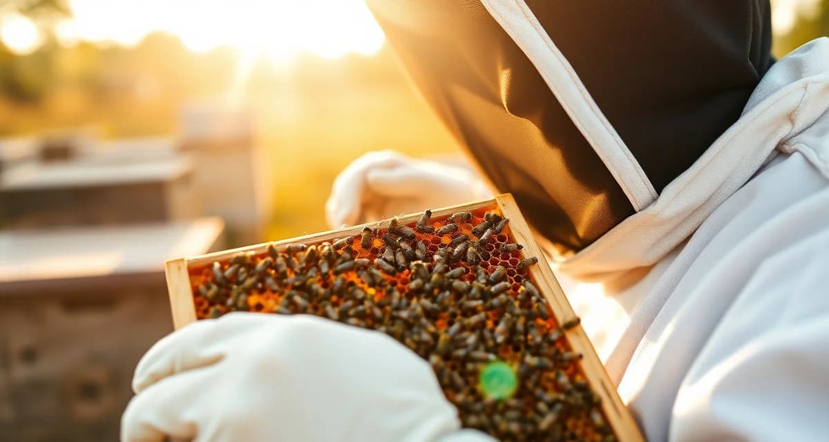Georgia beekeeper inspecting honey bee frame for varroa mites using precision hive management techniques in professional apiary