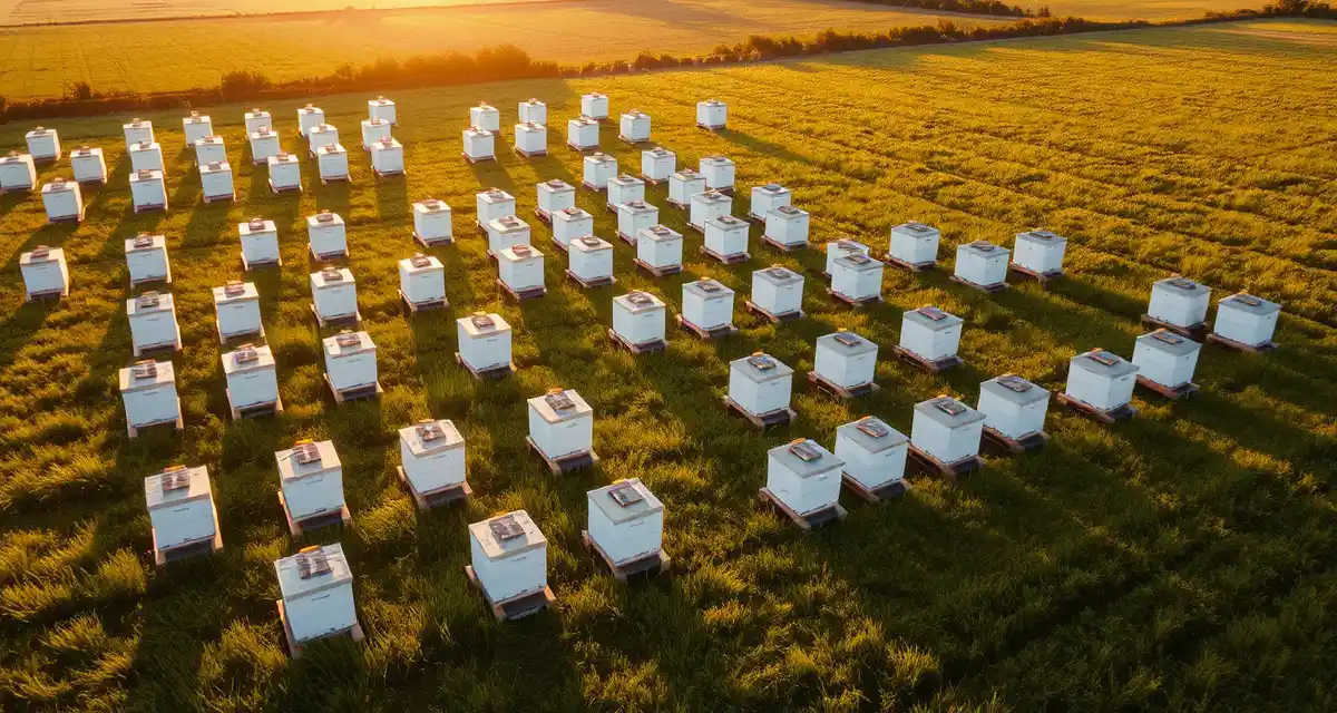 Aerial view of organized beehive boxes in an apiary with GPS mapping coordinates overlay for hive location tracking
