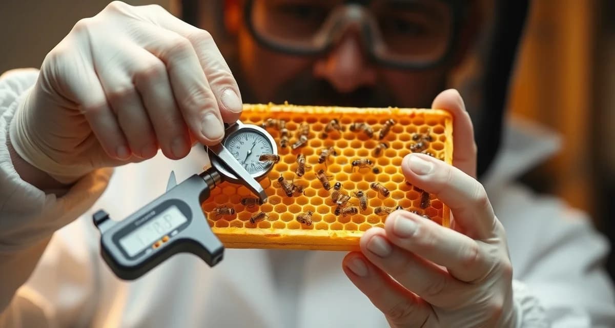Beekeeper examining honeycomb frame for varroa mites using HBHC 2026 monitoring guidelines and threshold recommendations