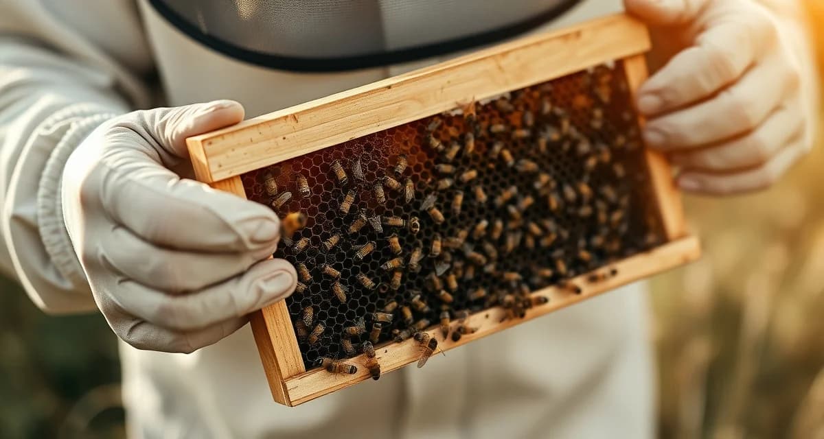 Beekeeper inspecting wooden hive frame during varroa mite detection and colony health assessment