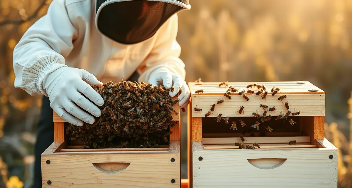 Beekeeper demonstrating hive split technique for varroa mite management and colony reduction in spring beekeeping practice