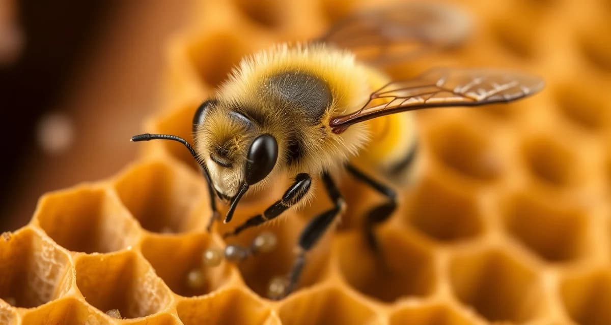 Honey bee performing grooming behavior to remove varroa mites from body on honeycomb frame