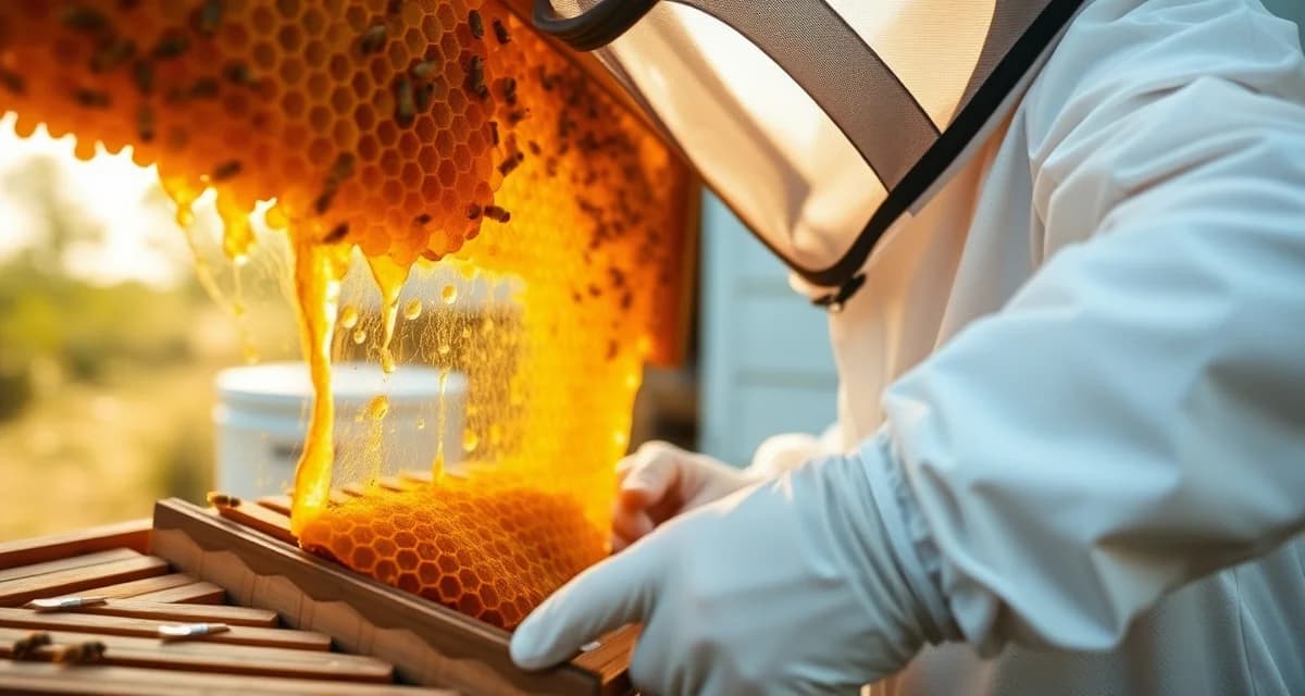 Beekeeper inspecting honeycomb frame to verify honey purity after varroa mite treatment application