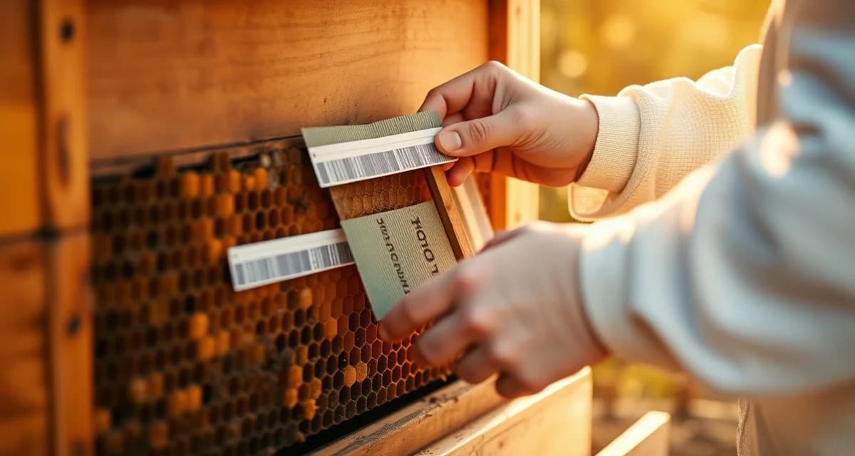 Beekeeper applying HopGuard varroa treatment strips to honeycomb frame during low-brood season for integrated pest management