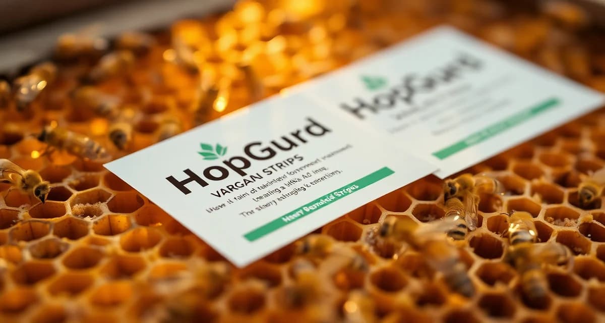 HopGuard varroa mite treatment strips placed on honeycomb frame with active honey super, demonstrating safe harvest timing protocol.
