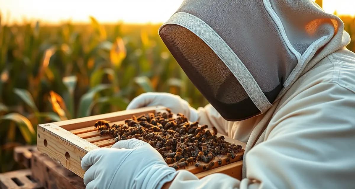 Illinois beekeeper inspecting hive frame for varroa mites using professional beekeeping software tracking methods