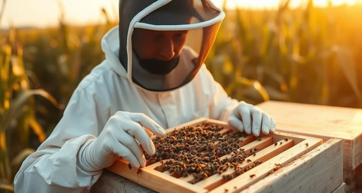 Indiana beekeeper inspecting hive frame for varroa mites with cornfield visible in background during hive management
