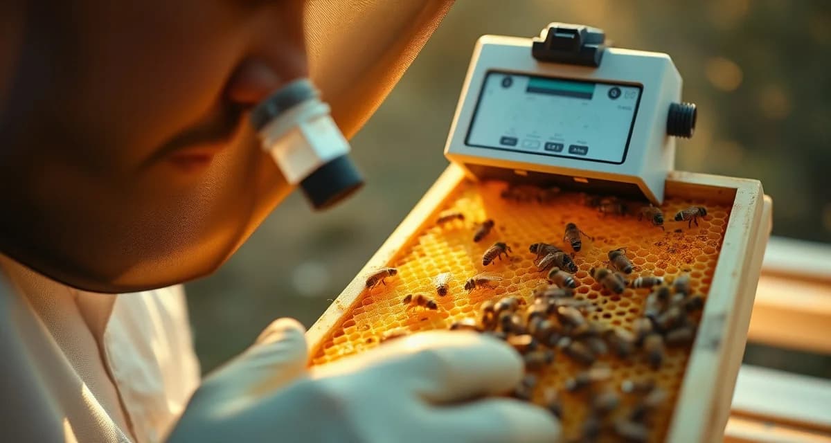 Beekeeper monitoring varroa mites on honeycomb frame using integrated pest management data tracking methods