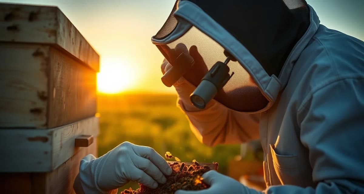 Louisiana beekeeper inspecting hive frame for varroa mites using year-round monitoring software and treatment protocols
