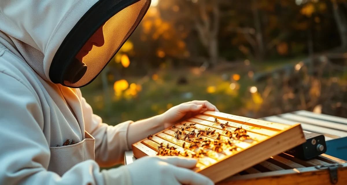 Maine beekeeper inspecting hive frame for varroa mites during fall treatment window with beekeeping software management tools