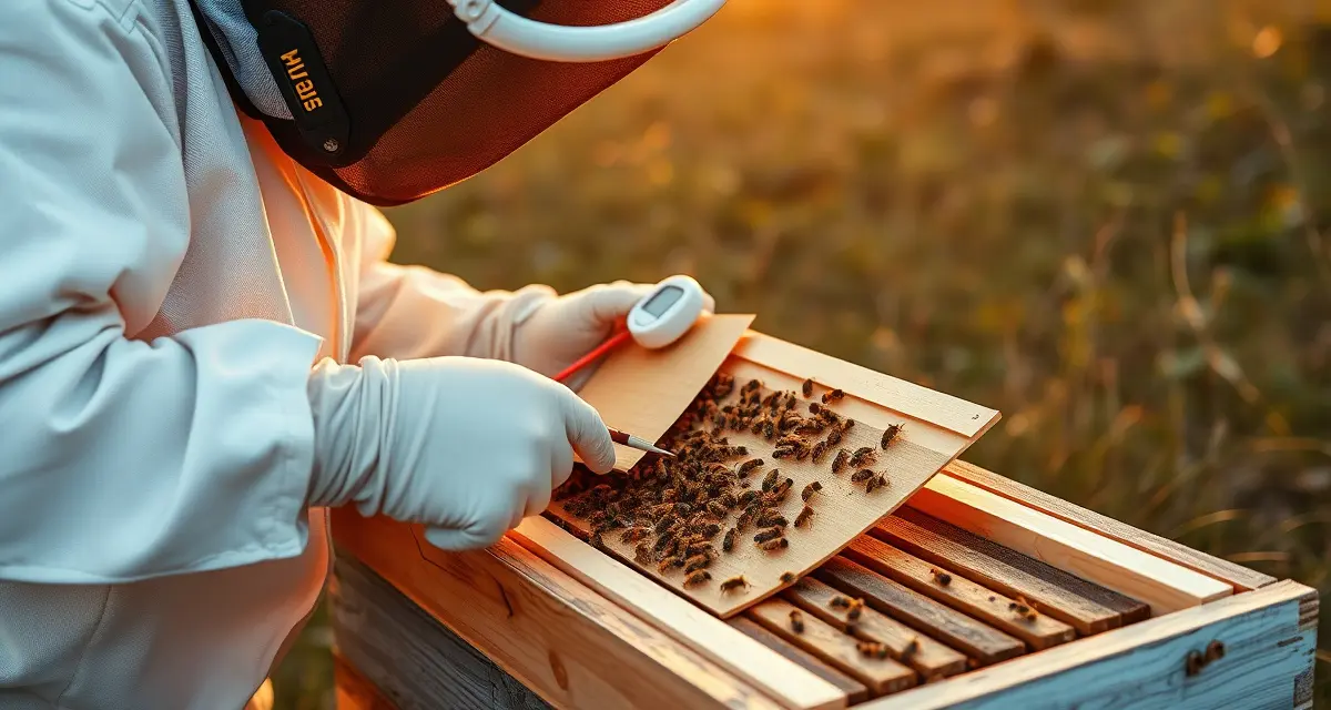 Beekeeper applying MAQS formic acid treatment strips to hive frame with temperature monitoring for varroa mite control