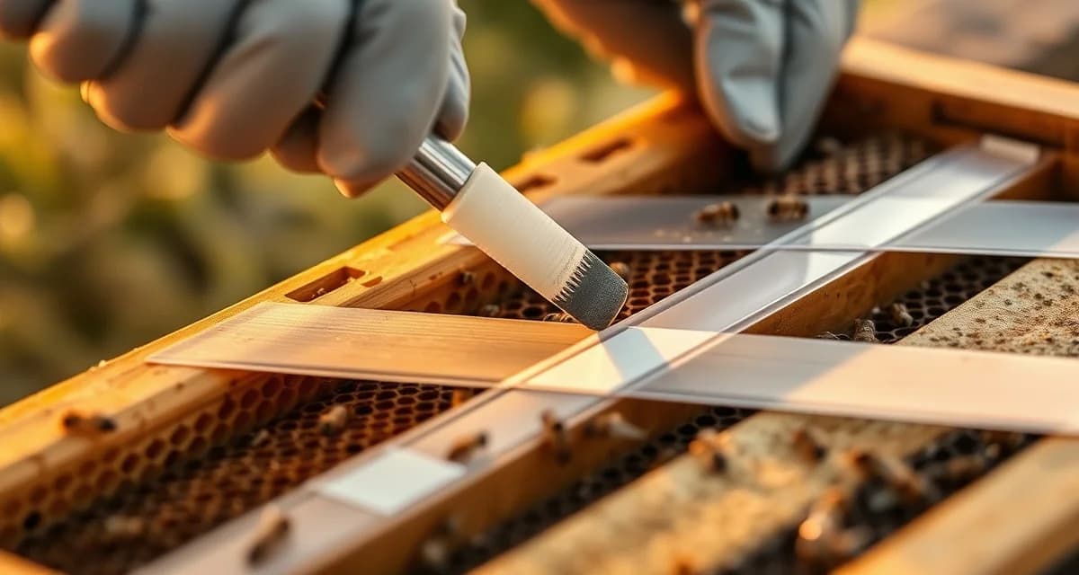 MAQS formic acid varroa treatment strips applied to beehive frames showing correct placement for 0-day PHI harvest timing
