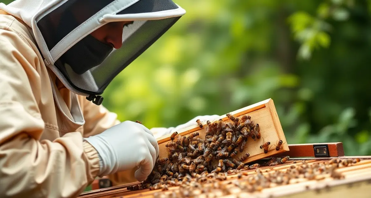 Massachusetts beekeeper inspecting hive frame with varroa mite tracking software system for compliance record-keeping